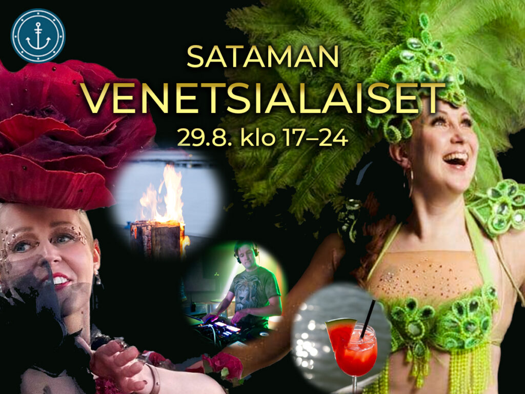 Naisilla sambakarnevaaliasut, satamassa liekehtivä jätkänkynttilä, dj soittaa levyjä, punainen vesimelonijuoma lasissa