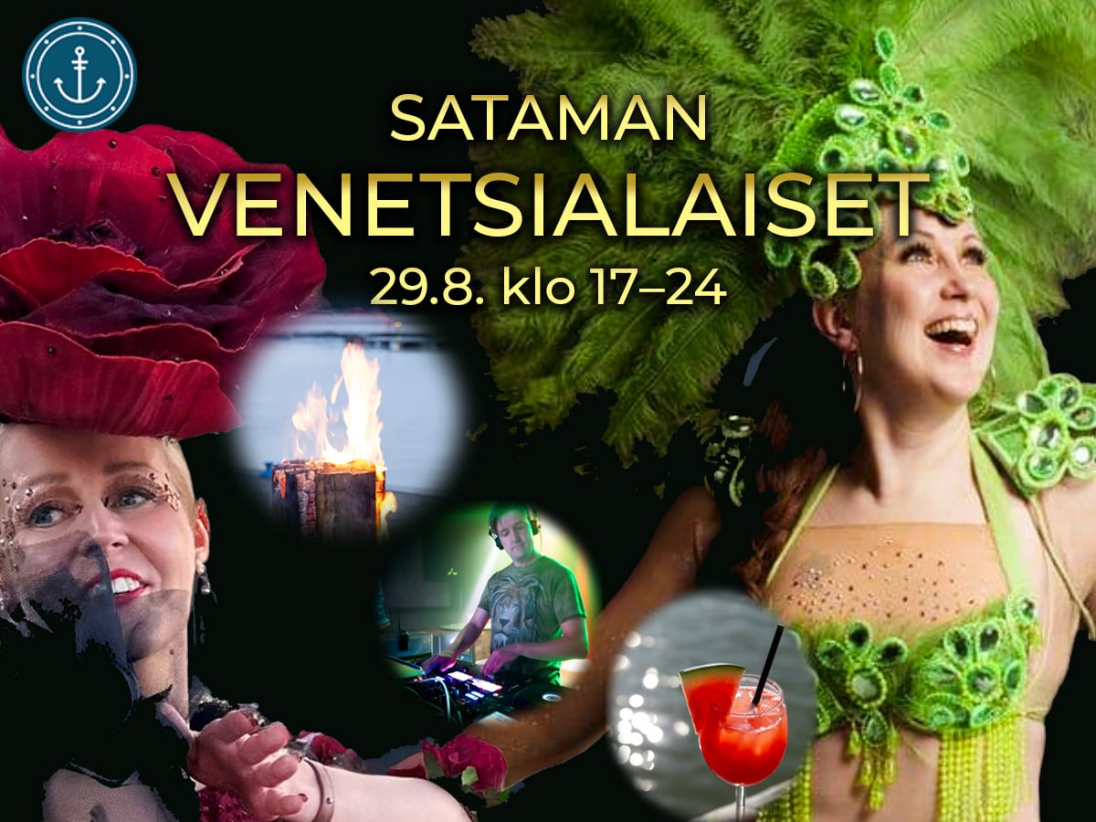 Naisilla sambakarnevaaliasut, satamassa liekehtivä jätkänkynttilä, dj soittaa levyjä, punainen vesimelonijuoma lasissa