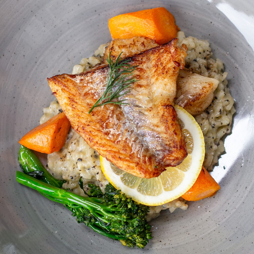Paitetua kuhaa, tryffelirisottoa ja kasviksia harmaalla lautasella